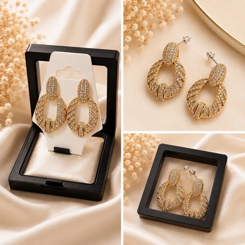 Gold Tone Rhinestone Statement Drop Earrings Oval Open Hoop Glam Sparkle